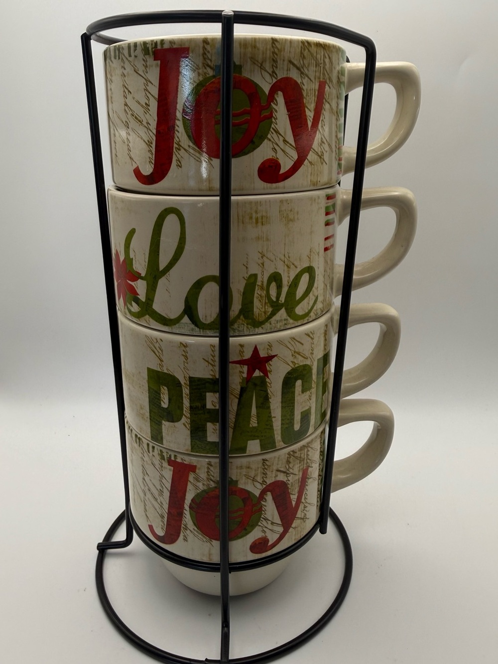 Pier 1 Holiday Stackable Mug Set - Red & Green on Cream